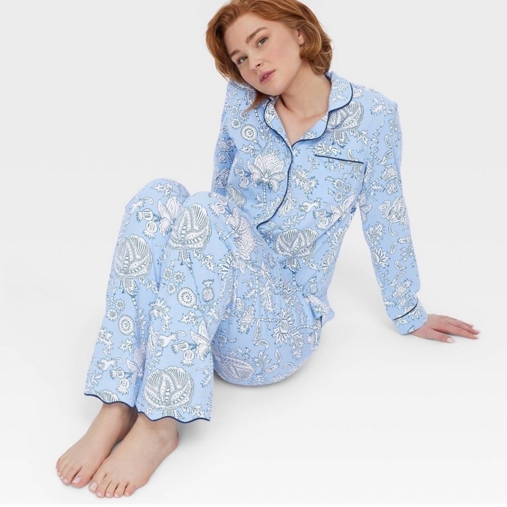 Roller Rabbit Light Blue & White Floral Print Cotton Pajama Set